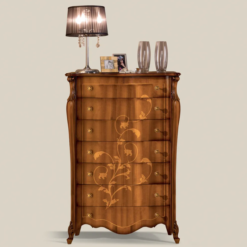 Kommode mit 7 Schubladen aus Walnussholz mit Intarsien Made in Italy - Commodus