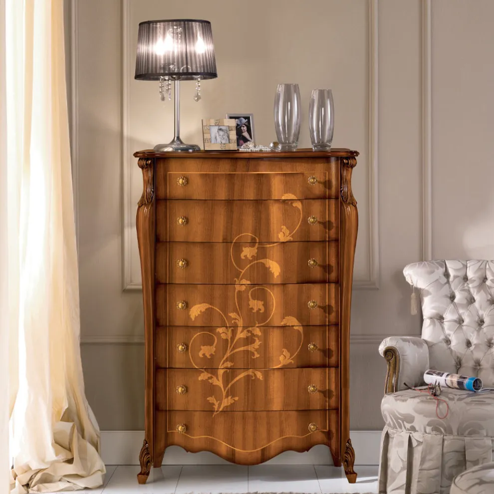 Kommode mit 7 Schubladen aus Walnussholz mit Intarsien Made in Italy - Commodus