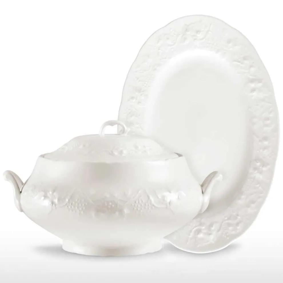 Große Terrine und Tablett in weißem Porzellan verziert - Gimignano