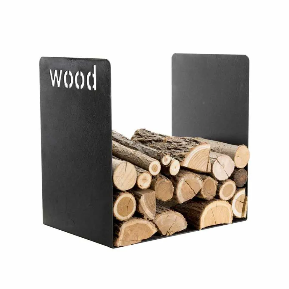 Moderner Holzhalter in minimalem Design aus schwarzem Stahl mit Gravur - Altano