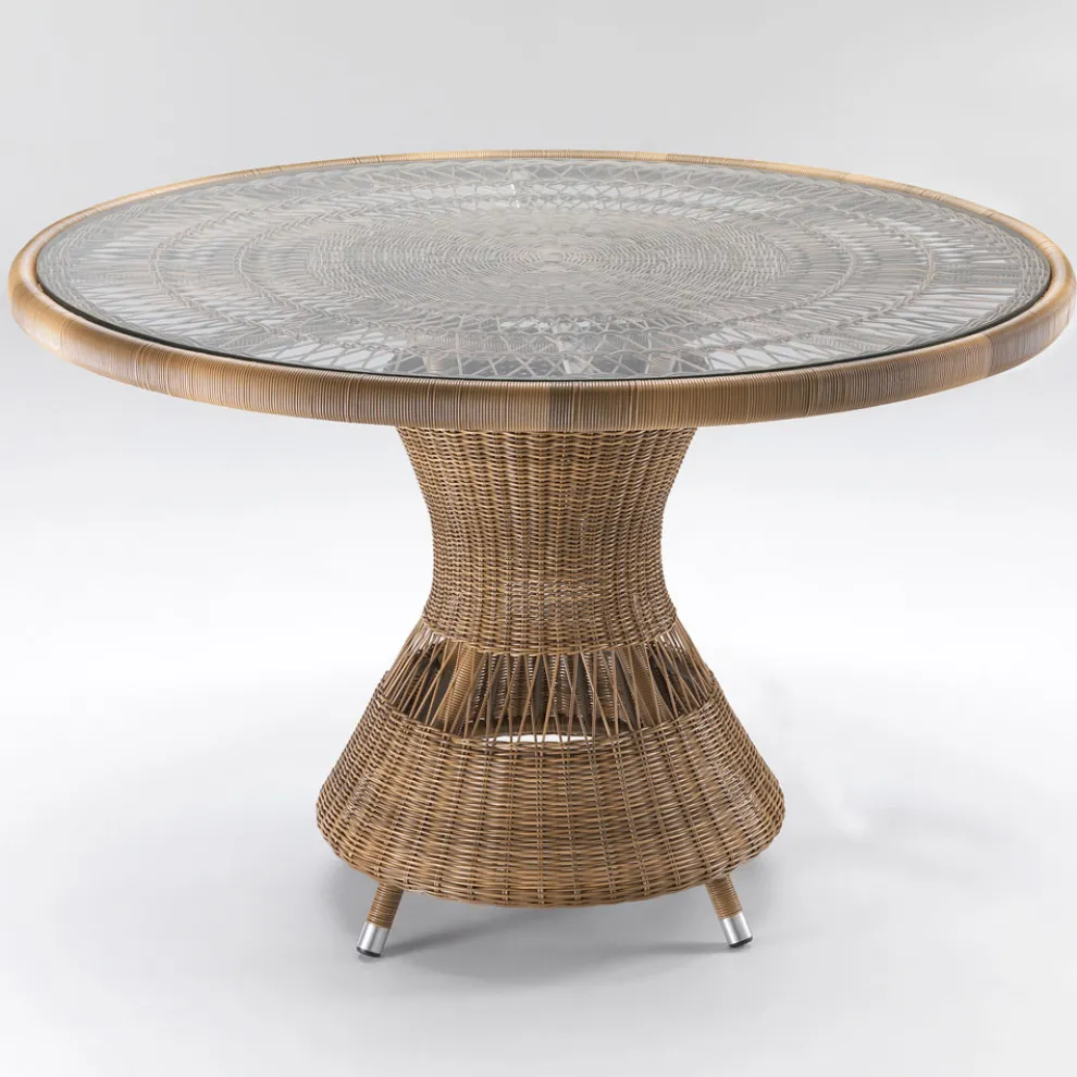 Runder Gartentisch aus Polyrattan mit Glasplatte - Gigi