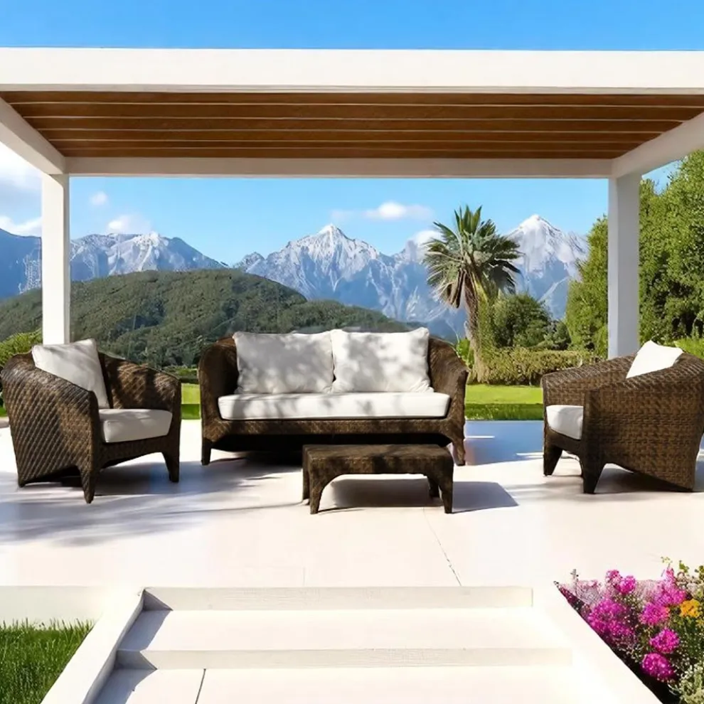 Polyrattan Wohnzimmer Marke REHAU in verschiedenen Ausführungen und weißen Kissen - Madness