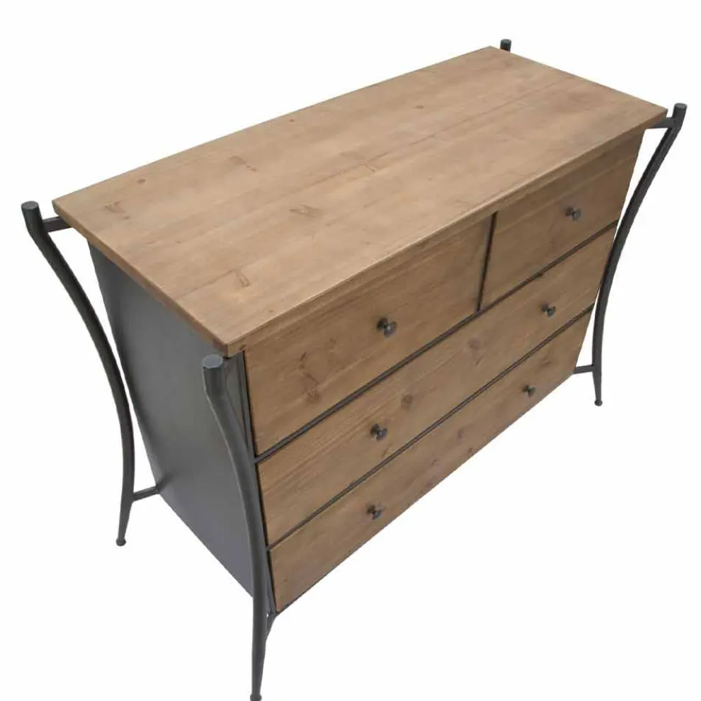 Design Kommode mit 5 Schubladen aus Tannenholz und Eisen - Doran