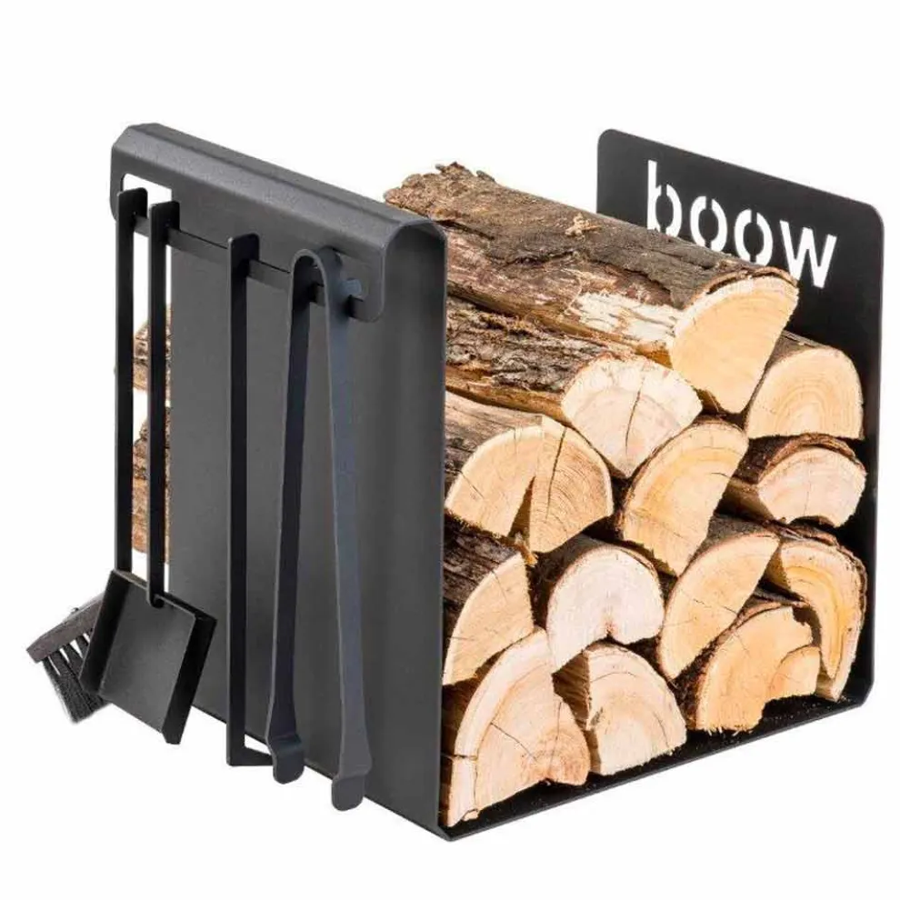Brennholzhalter aus schwarzem Stahl mit 4 Werkzeugen Made in Italy - Phebe