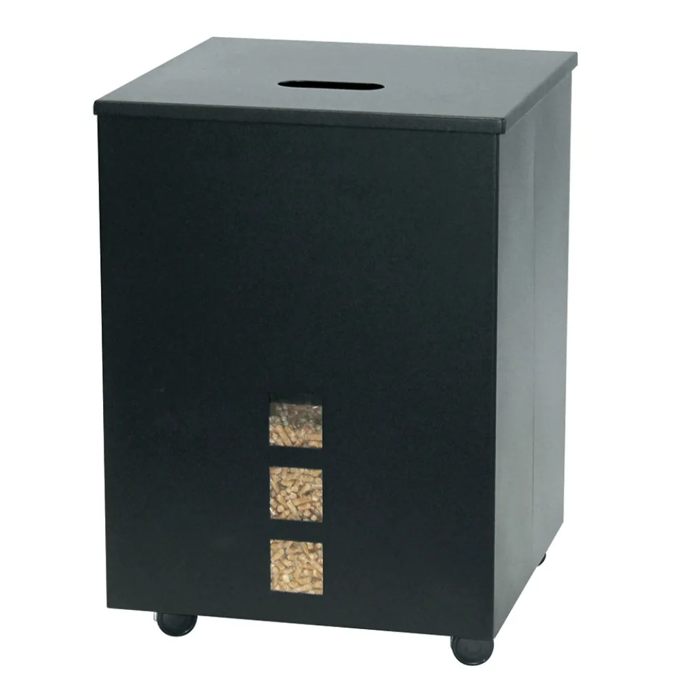 Quadratischer Pellethalter aus schwarz lackiertem Stahl und Rädern, hergestellt in Italien – Papagei