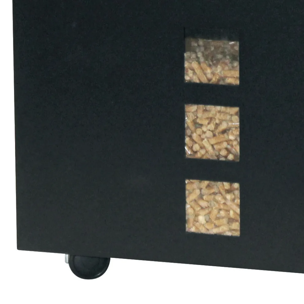 Quadratischer Pellethalter aus schwarz lackiertem Stahl und Rädern, hergestellt in Italien – Papagei