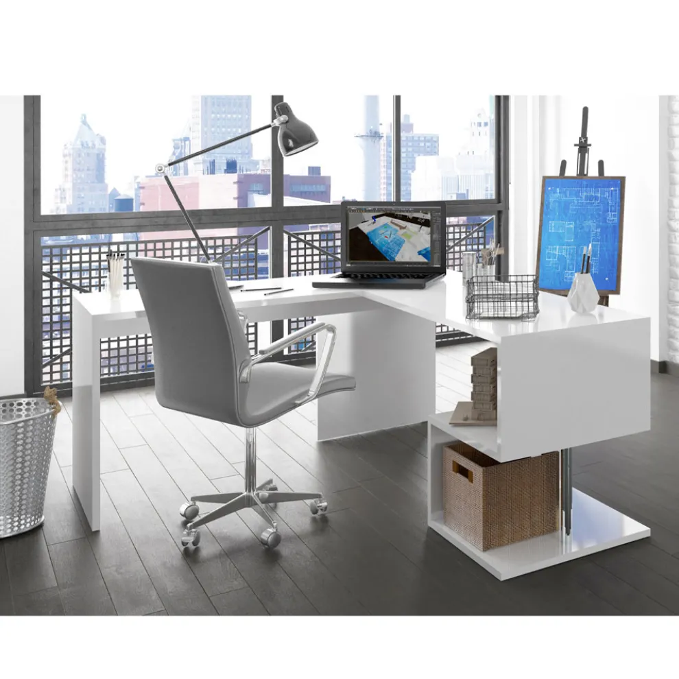 Moderner Eckschreibtisch Glänzend Weiß Holz oder Schiefer Design - Michel