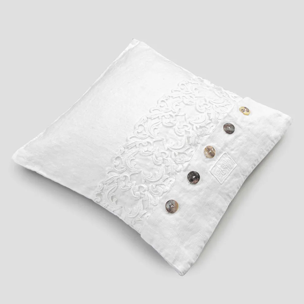 Weißer quadratischer Kissenbezug mit Spitze und Knöpfen, italienischer Luxus - Logos