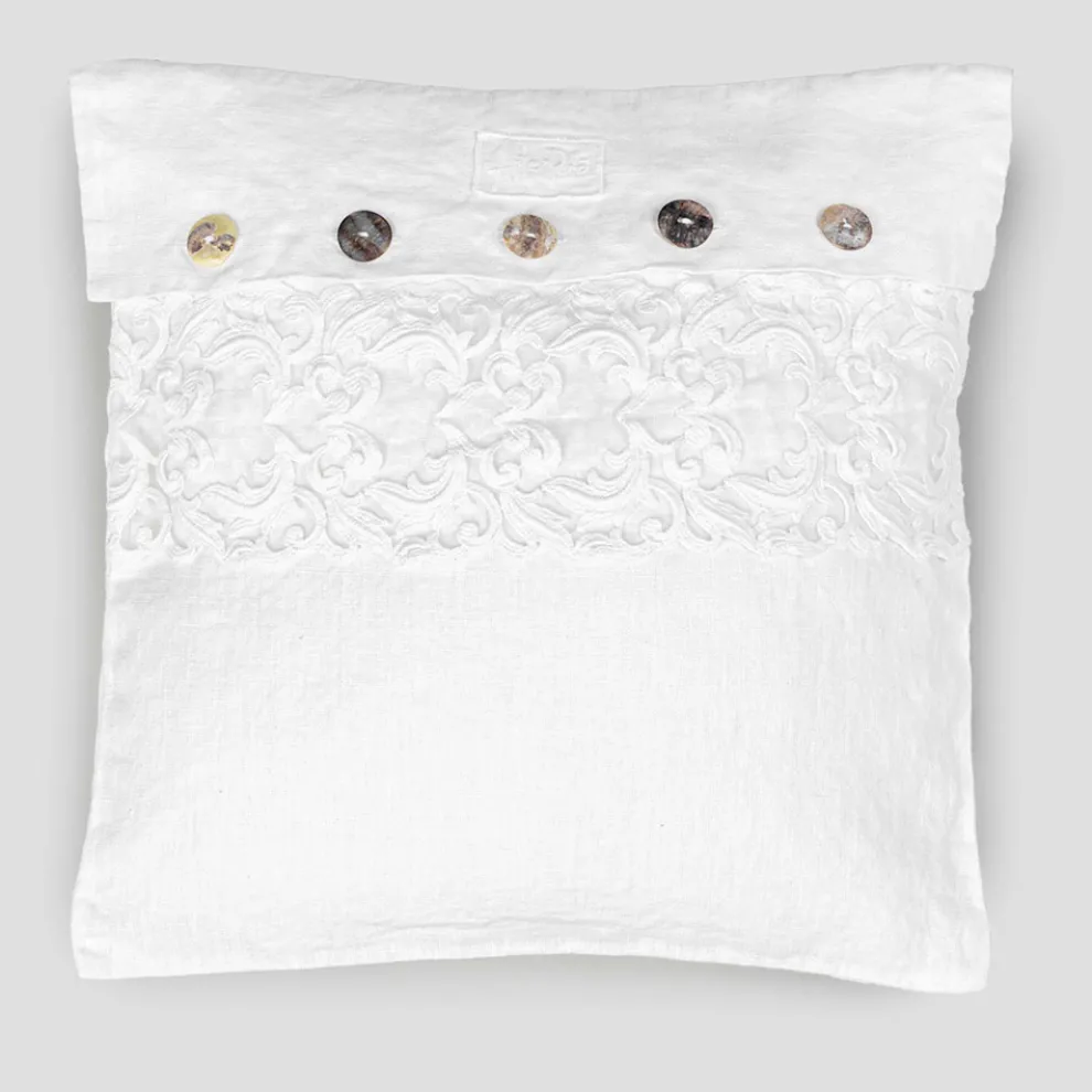 Weißer quadratischer Kissenbezug mit Spitze und Knöpfen, italienischer Luxus - Logos