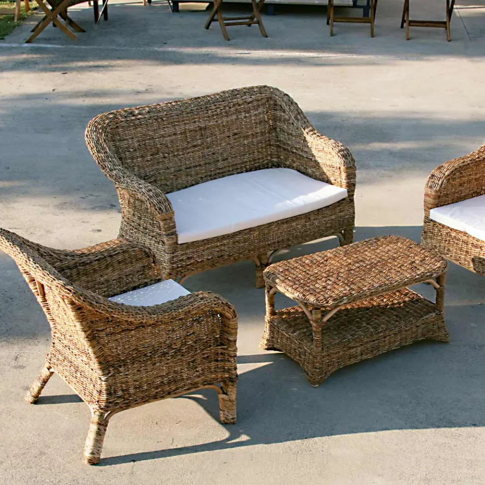 Outdoor-Sessel aus natürlichem Bananengeflecht und ecrufarbenem Kissen - Dish