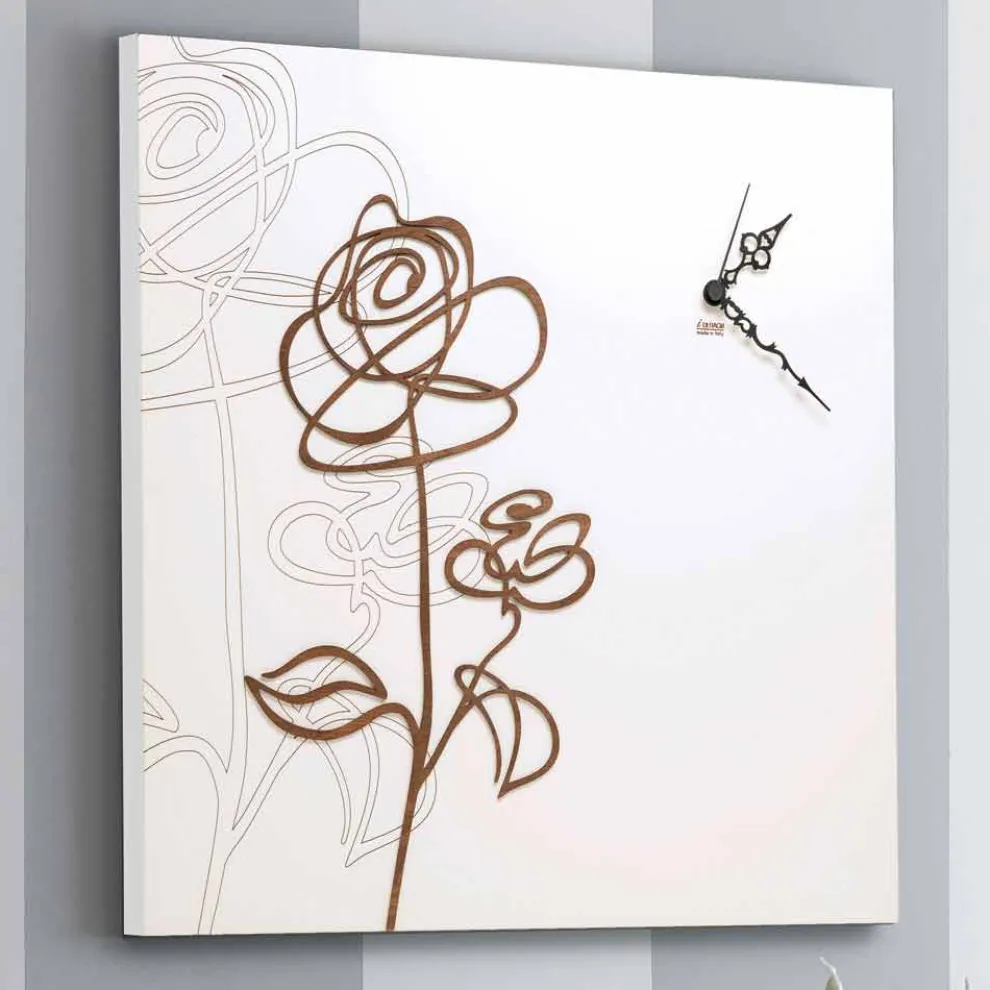 Weiße quadratische hölzerne Wanduhr mit moderner Rosendekoration - Schneeglöckchen