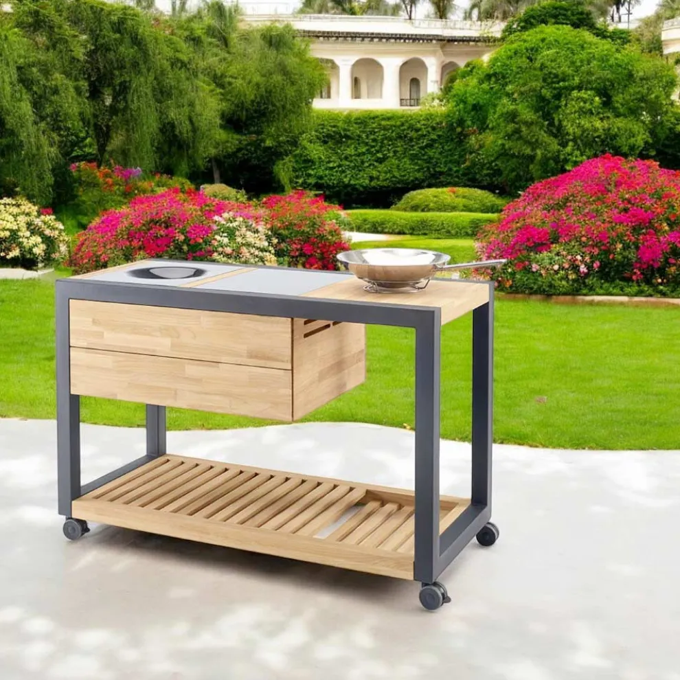 Outdoor-Küche 140x65x93 cm aus massivem Teakholz und Aluminium - Convivial