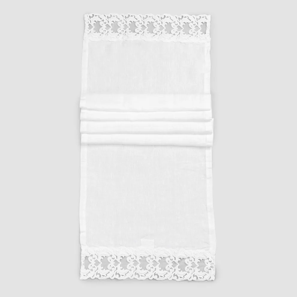 Leinen Tischläufer mit weißer Spitze, italienische Luxusqualität - Farnese