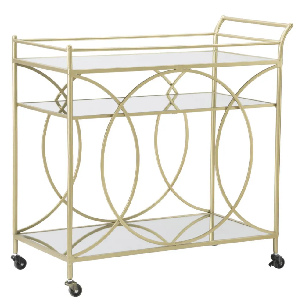 Goldener Servierwagen mit Eisensockel und verspiegelten Oberteilen - Mink