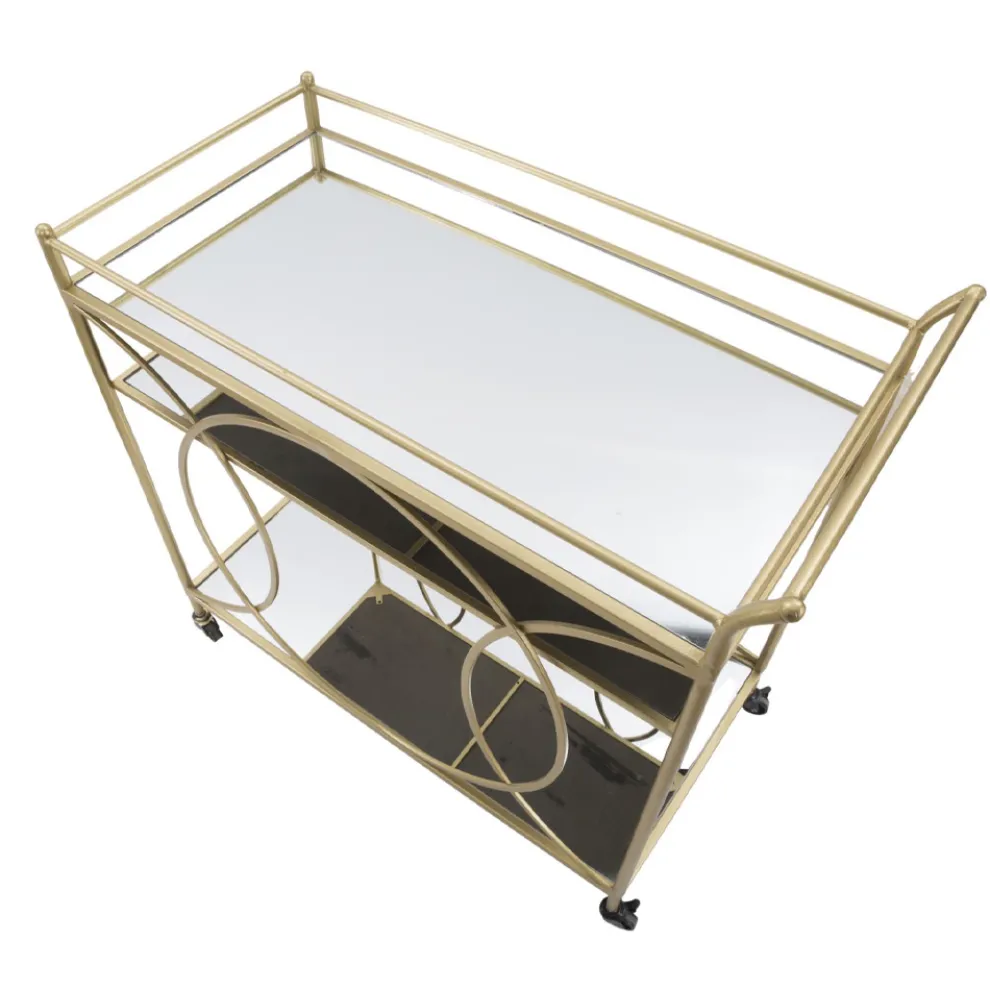 Goldener Servierwagen mit Eisensockel und verspiegelten Oberteilen - Mink