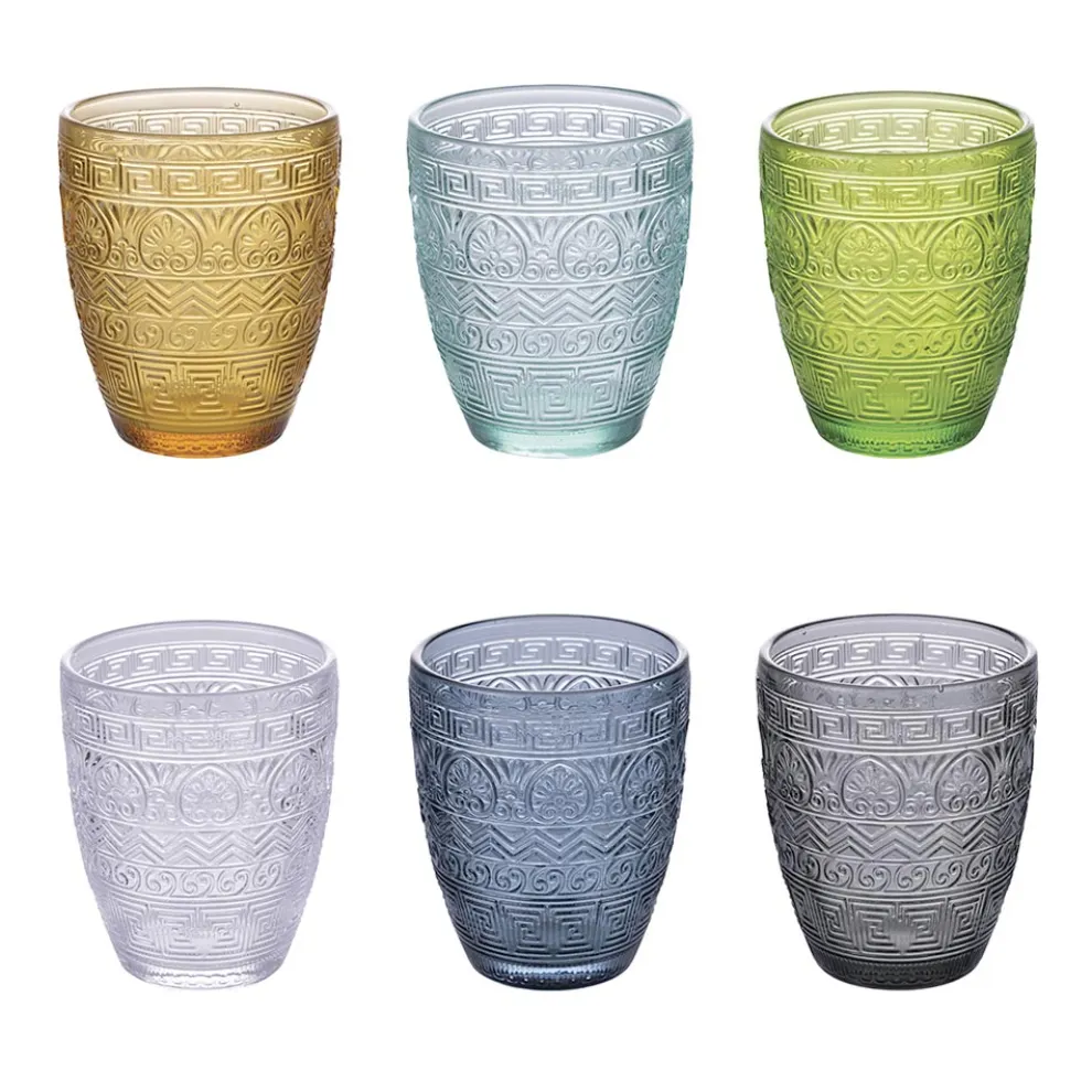 12er-Set Wassergläser 300 ml aus farbigem Glas und Reliefarbeit - Meerjungfrau