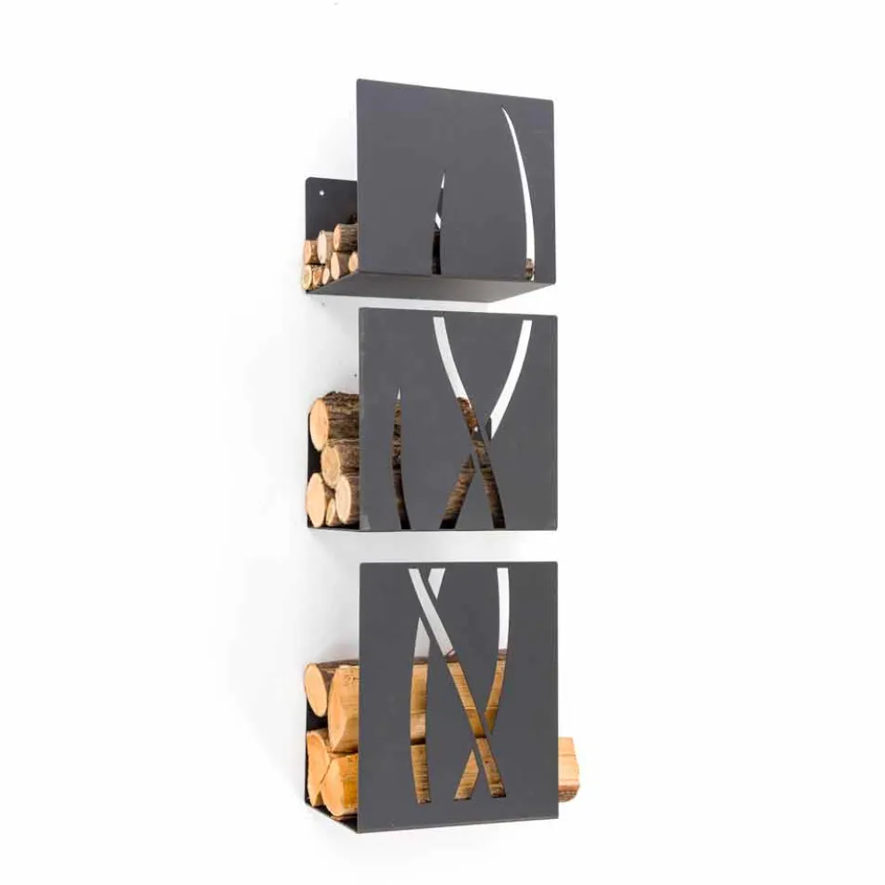 Modernes Design Wand Brennholzhalter aus schwarzem Stahl 3 Stück - Garigliano