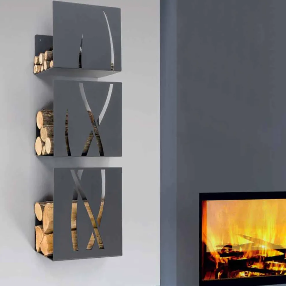 Modernes Design Wand Brennholzhalter aus schwarzem Stahl 3 Stück - Garigliano