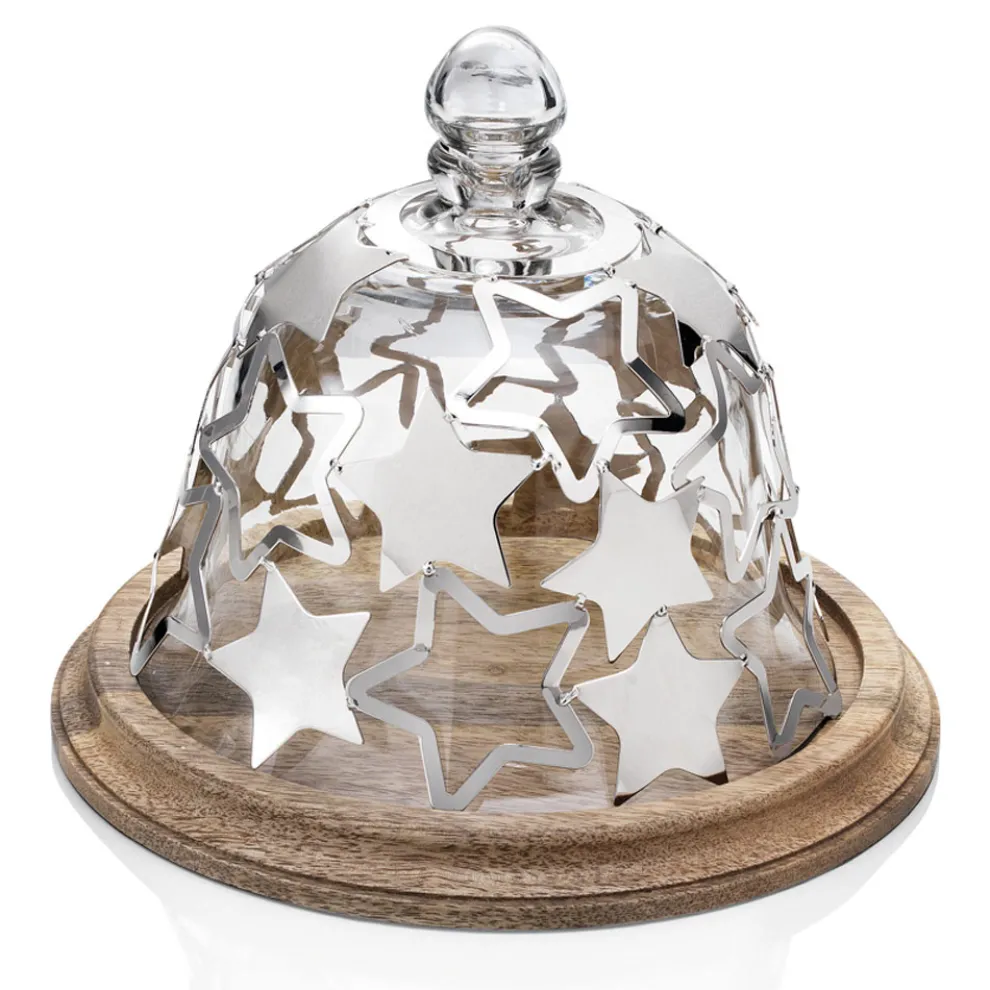 Glockenkuchenhalter aus Holz und Glas mit silbernen Metallsternen - Ilenia