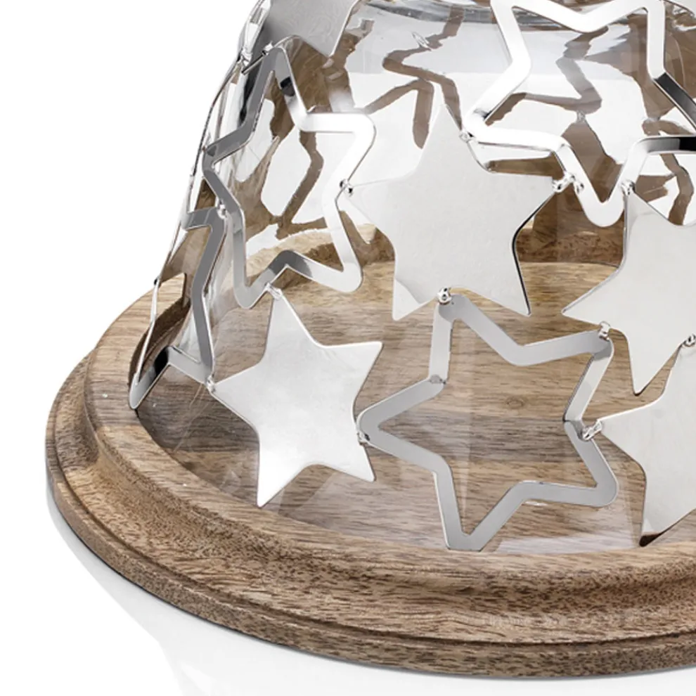 Glockenkuchenhalter aus Holz und Glas mit silbernen Metallsternen - Ilenia