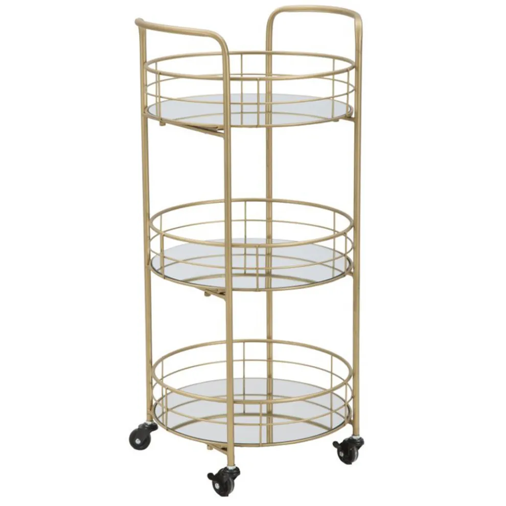 Goldener Speisewagen aus Eisen mit 3 Spiegelregalen - Viviana