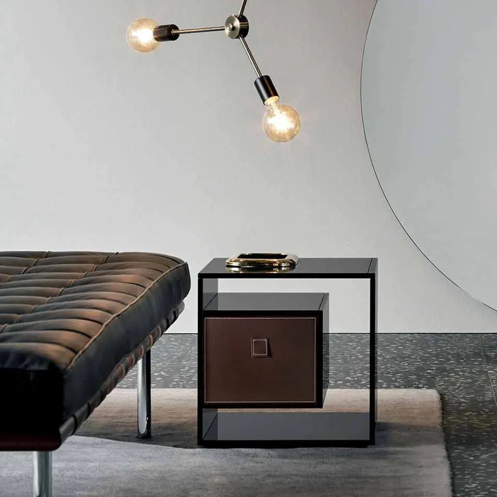 Nachttisch aus Rauchglas mit Lederschublade 2 Dimensionen - Linzy