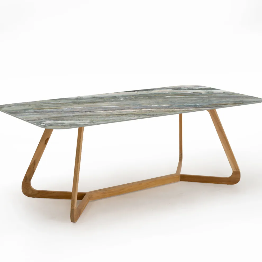 Gartentisch mit Holzsockel und Royal Peacock-Keramikplatte - Infinity