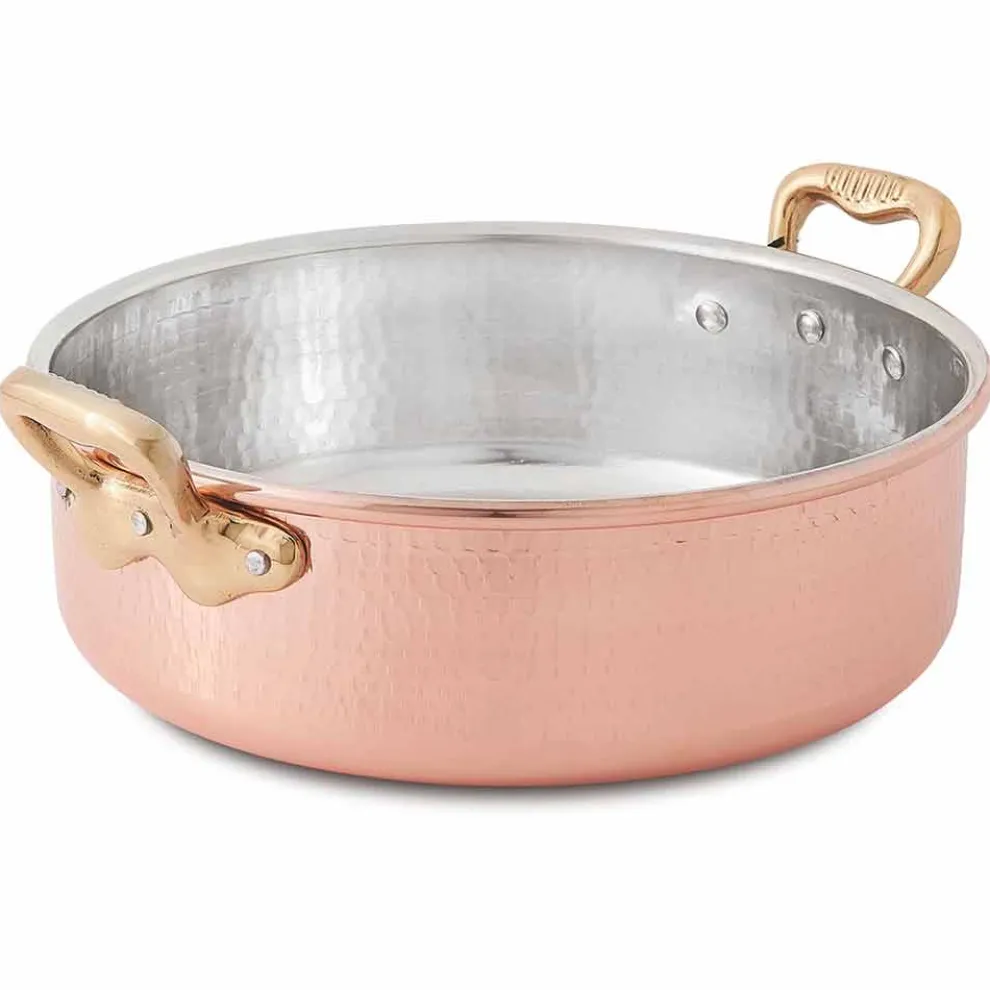 Niedriger Bräter aus verzinntem Kupfer von Hand rund mit 2 Griffen 24 cm - Gianfranco