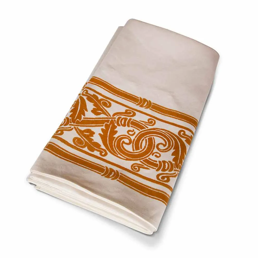 Handbedruckte Tischdecke von hoher italienischer Handwerkskunst in Baumwolle und Leinen