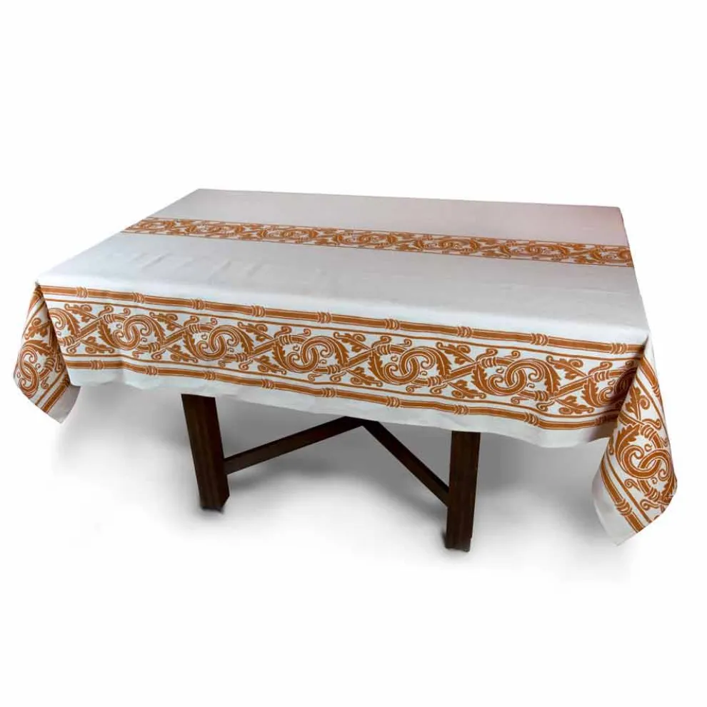 Handbedruckte Tischdecke von hoher italienischer Handwerkskunst in Baumwolle und Leinen
