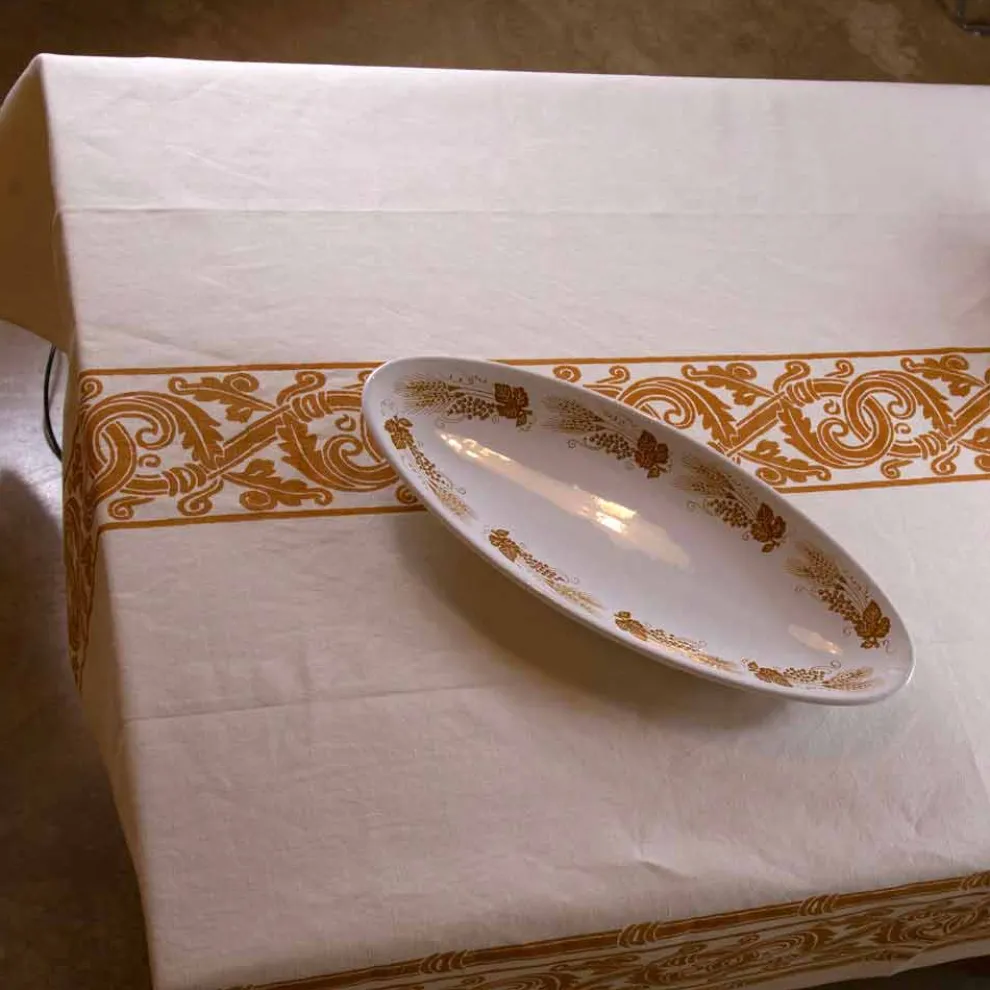 Handbedruckte Tischdecke von hoher italienischer Handwerkskunst in Baumwolle und Leinen