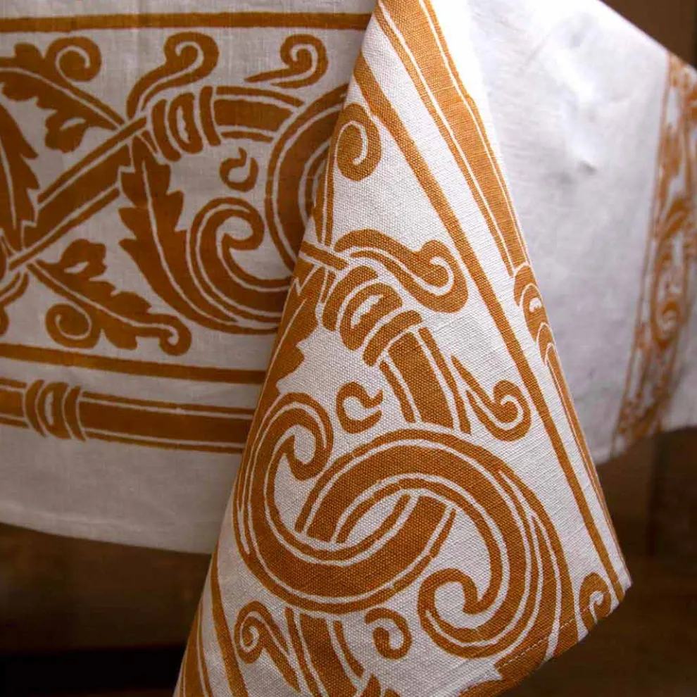 Handbedruckte Tischdecke von hoher italienischer Handwerkskunst in Baumwolle und Leinen