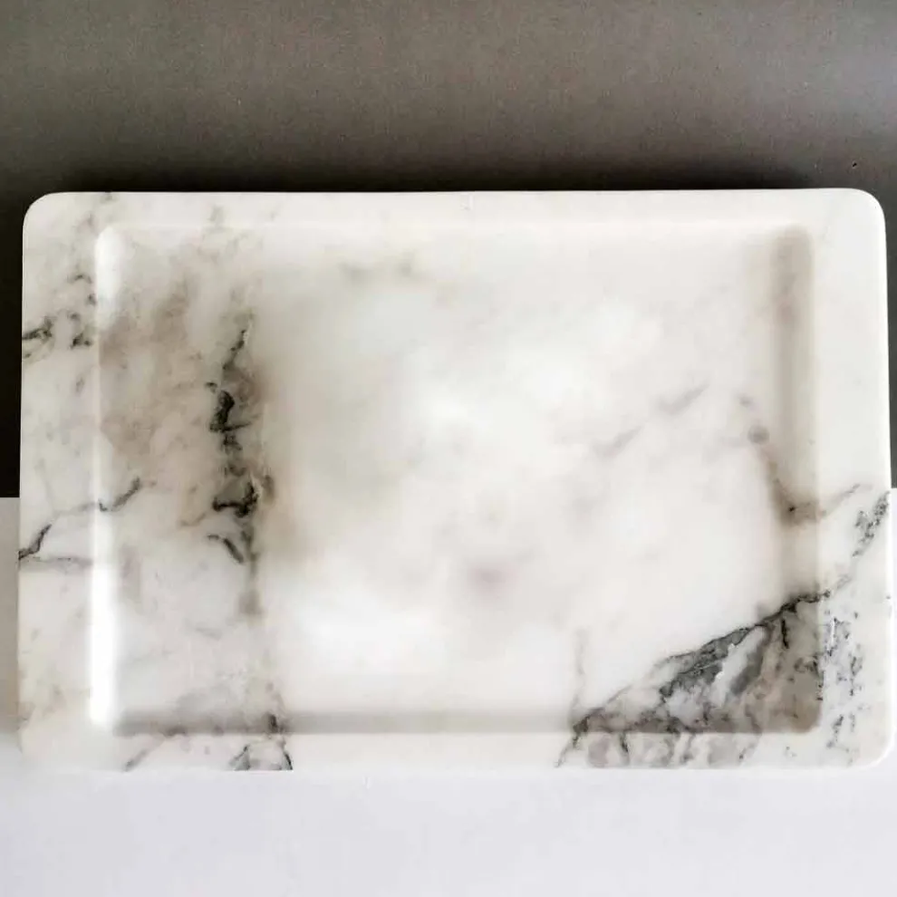 Rechteckiges Tablett aus modernem geädertem weißem Marmor Made in Italy - Stora