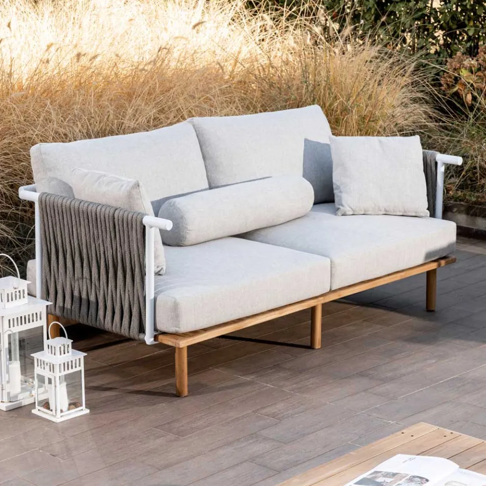 2-Sitzer-Sofa aus Teakholz, Seilgeflecht und Kissen - Bellatrix