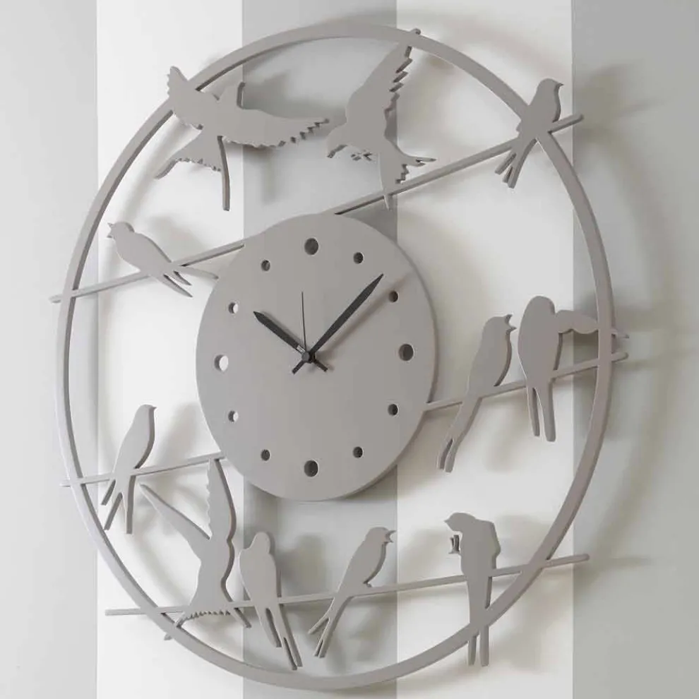 Große moderne Design Wanduhr in farbigem Rundholz - Vögel