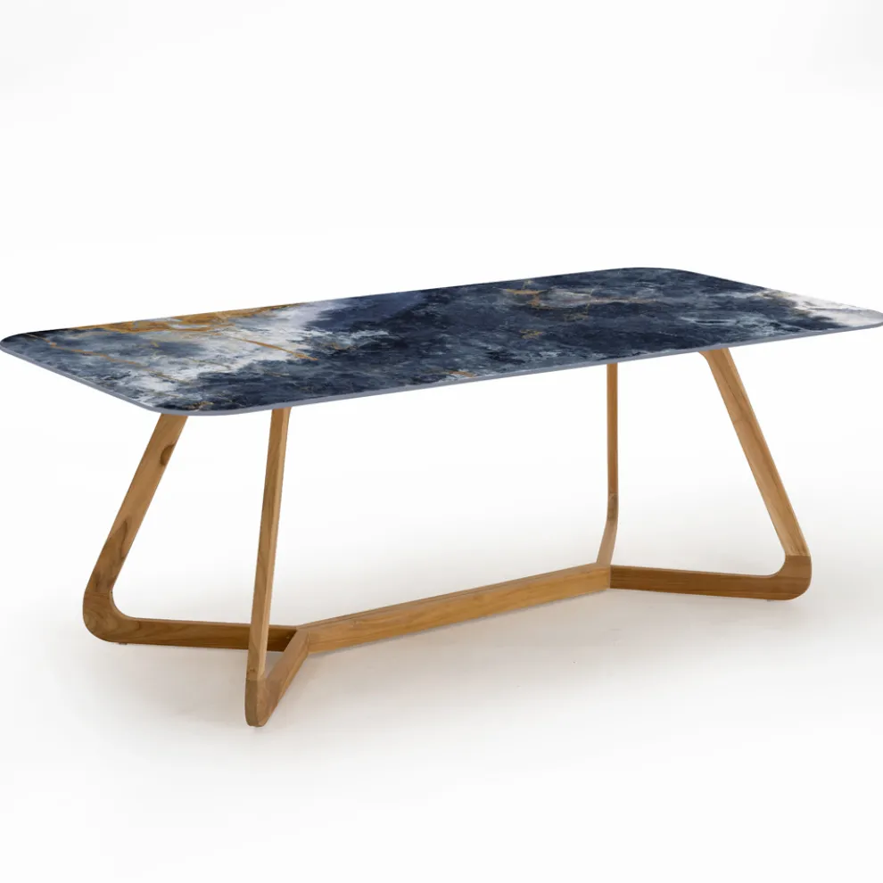 Gartentisch mit Holzsockel und ozeanblauer Keramikplatte - Infinity