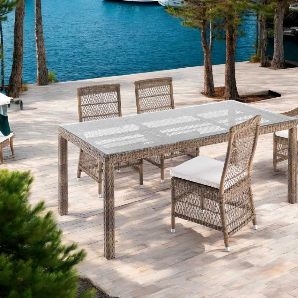 Rechteckiger Gartentisch aus Polyrattan und Glas - Gigi