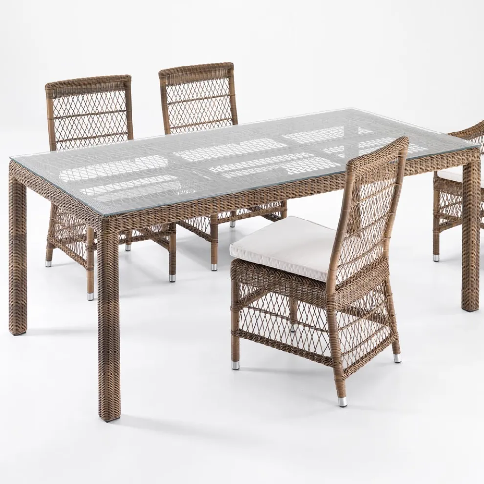 Rechteckiger Gartentisch aus Polyrattan und Glas - Gigi