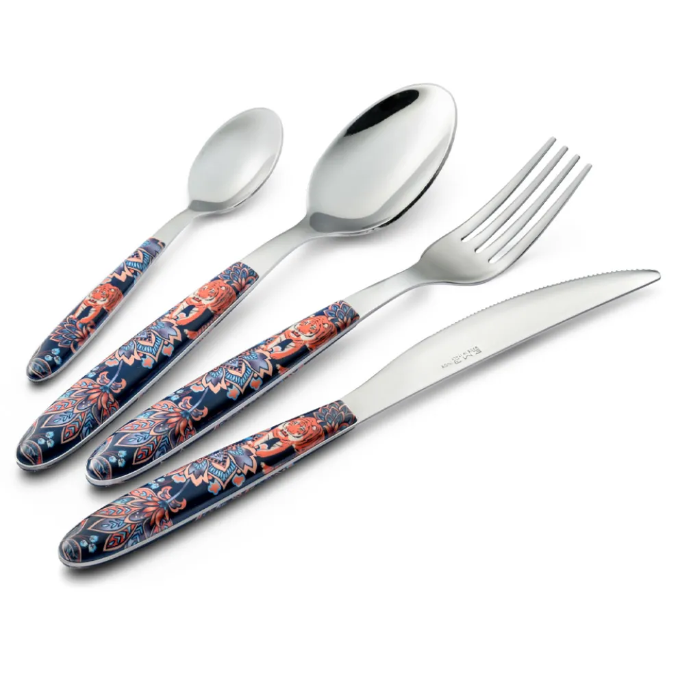 Stahl- und Kunststoffbesteck Farbige Dekoration mit Tiger 24 Stück - Alessandra