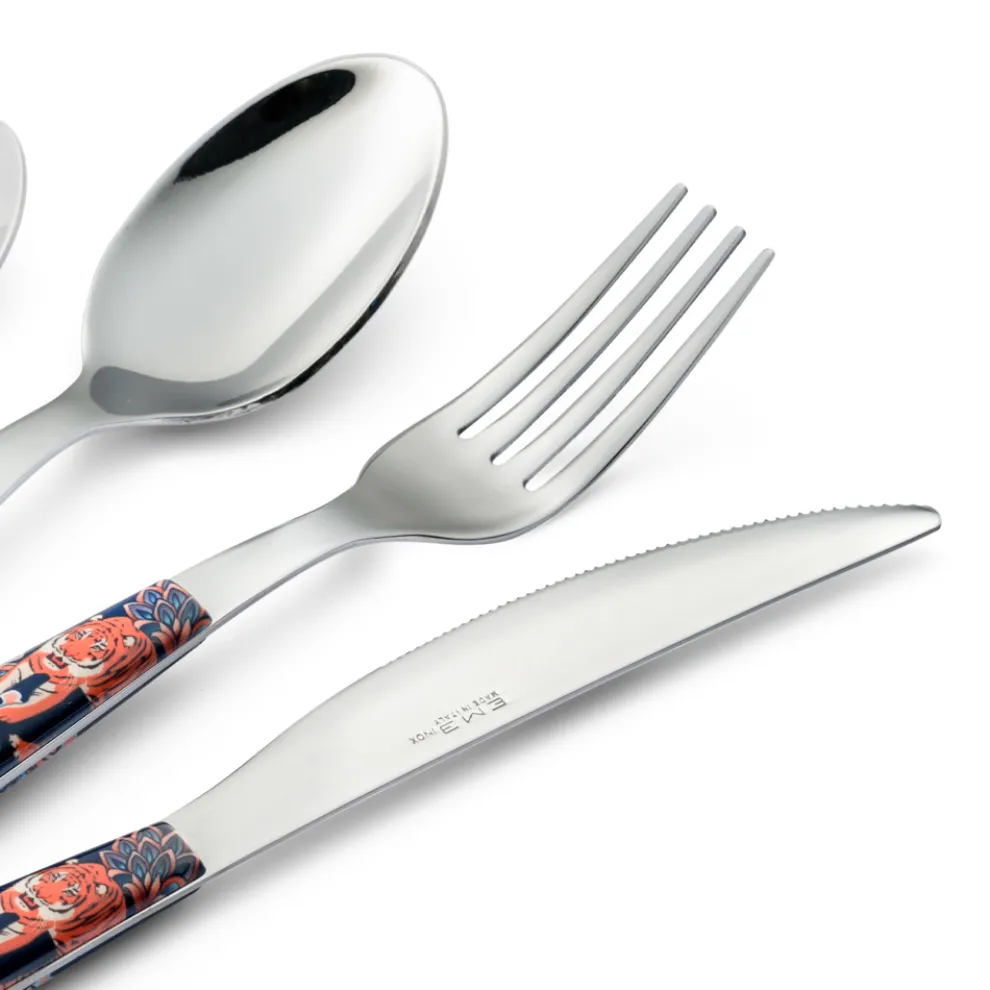 Stahl- und Kunststoffbesteck Farbige Dekoration mit Tiger 24 Stück - Alessandra