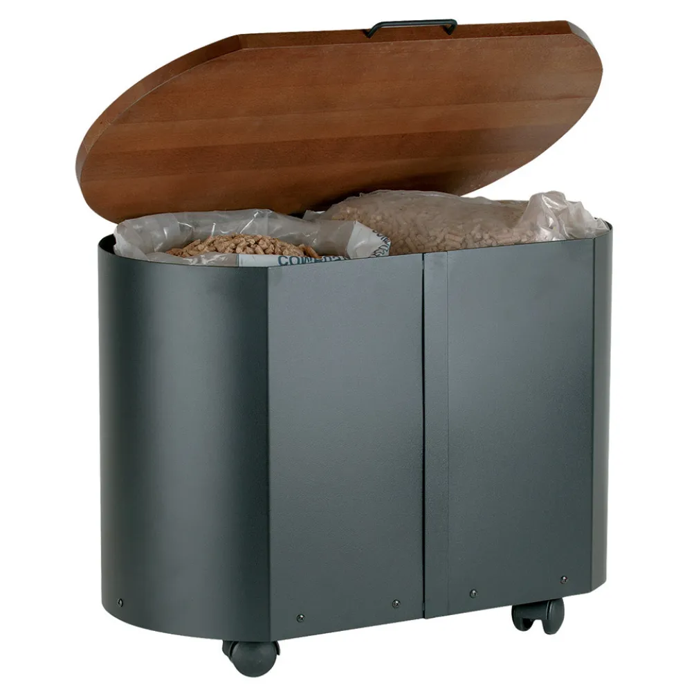 Ovaler Pellethalter aus schwarzem Metall und Holzdeckel, hergestellt in Italien – Bisonte