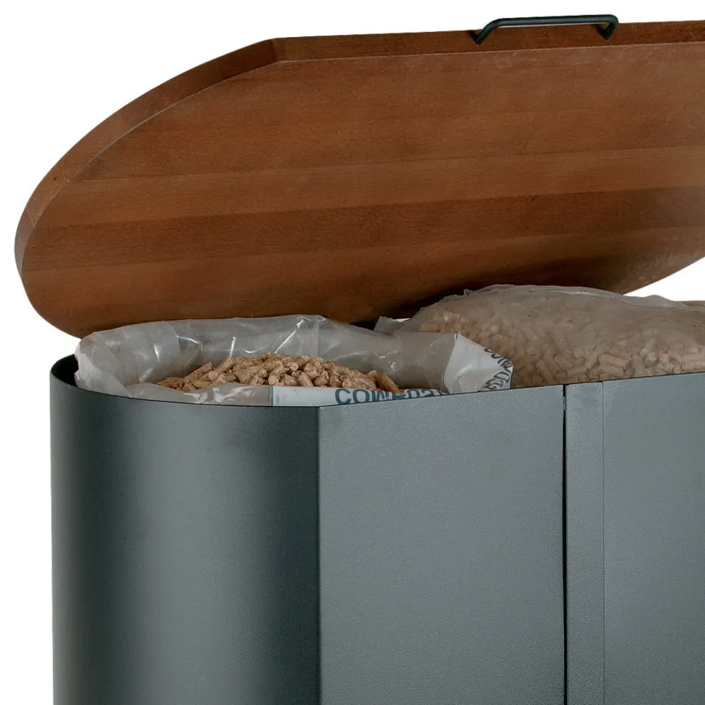 Ovaler Pellethalter aus schwarzem Metall und Holzdeckel, hergestellt in Italien – Bisonte