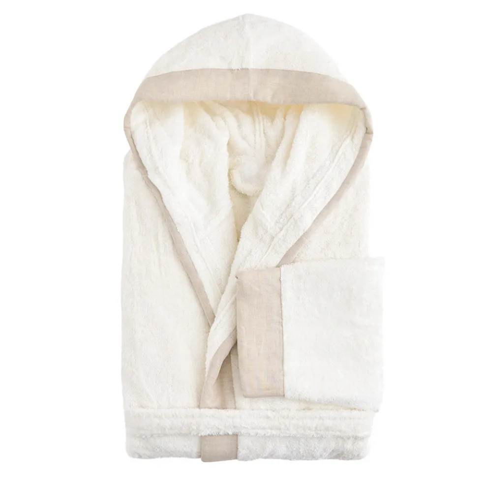 Bademantel aus Baumwollfrottee mit Kapuze und Leinenrüsche - Mellow