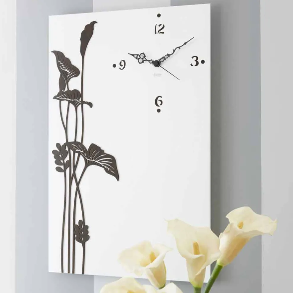 Moderne rechteckige Wanduhr in weiß verziertem Design Holz - Croco