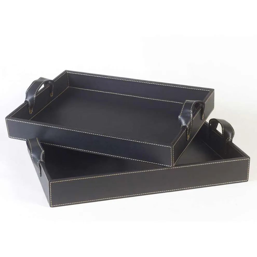 2 Design-Tabletts aus schwarzem Leder 41x28x5cm und 45x32x6cm Anastasia