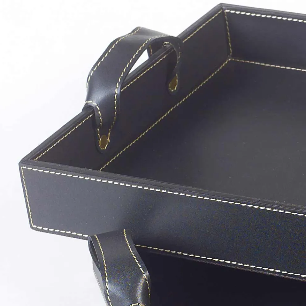 2 Design-Tabletts aus schwarzem Leder 41x28x5cm und 45x32x6cm Anastasia