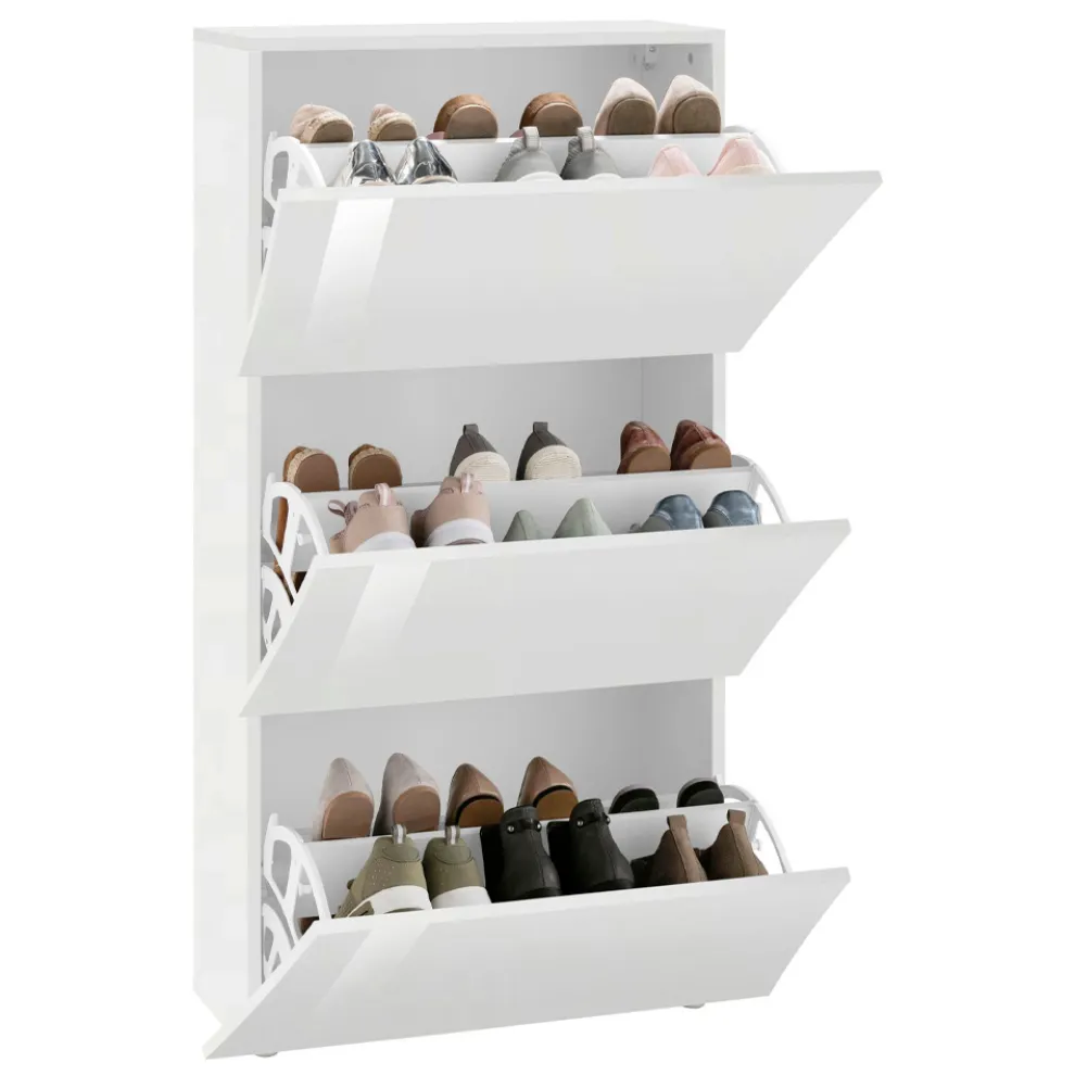 Schuhschrank mit 3 Türen aus gewölbtem glänzend weiß lackiertem Holz - Sabine