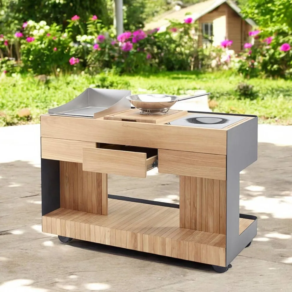 Outdoor-Küche 141x70x93 cm aus massivem Teakholz und Aluminium - Stilosa