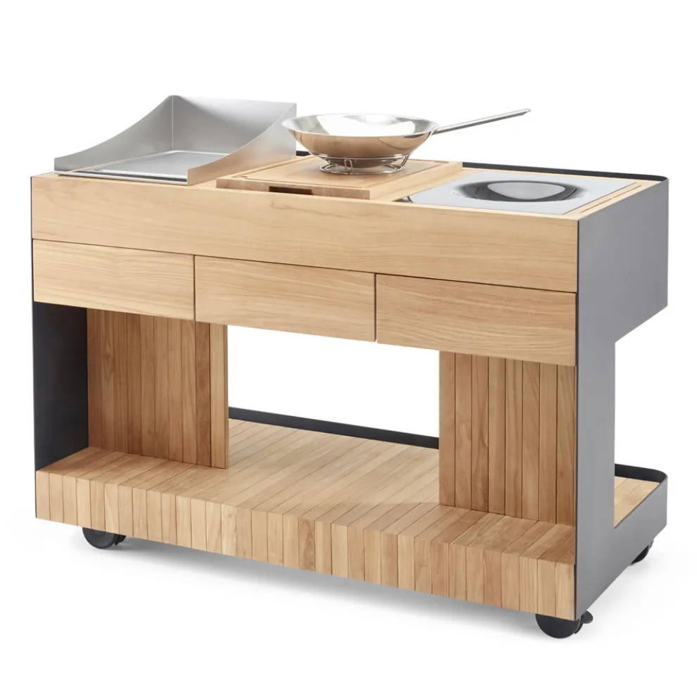 Outdoor-Küche 141x70x93 cm aus massivem Teakholz und Aluminium - Stilosa