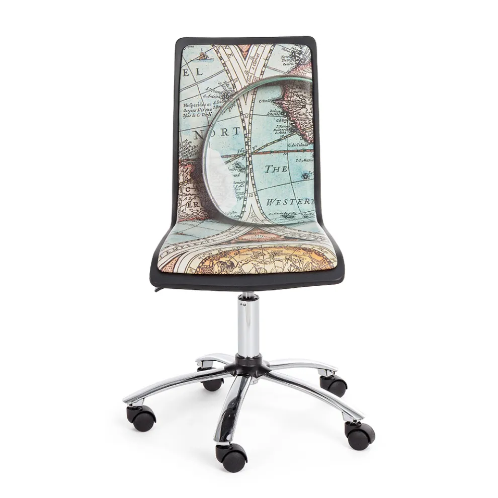 Drehbarer Bürostuhl aus Stahl und Kunstleder mit Kartendruck - Lollo